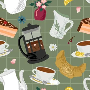 Seamless pattern with coffee and tea objects. Vector illustration background Stock Illustration