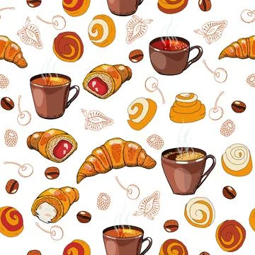 Seamless pattern. Coffee and tea cups, coffee beans, croissants and buns Stock Illustration