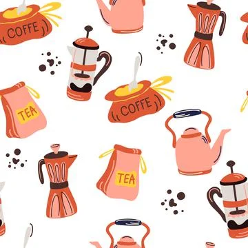 Seamless pattern with coffee and tea. geyser coffee maker, French press, bag  Stock Illustration