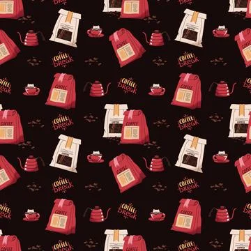 Seamless pattern with coffee bag, coffee pot. Repeating texture with coffee.. Stock Illustration