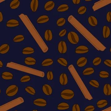 Seamless Pattern with Coffee Beans and Cinnamon. Vector illustration. Stockillustratie