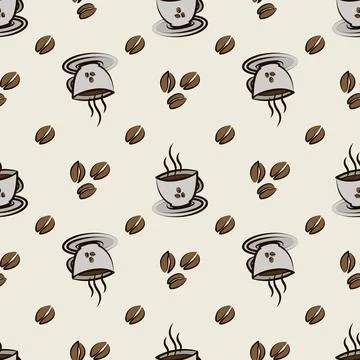 Seamless pattern with coffee beans and cups. Vector illustration. Stock Illustration