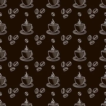 Seamless pattern with coffee beans and cups. Outline Vector illustration. 스톡 일러스트
