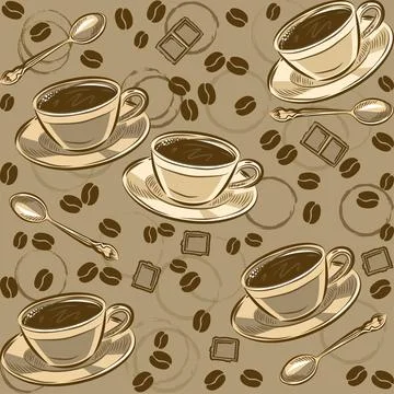 Seamless pattern with coffee beans and cups. Vector illustration. 스톡 일러스트