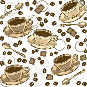Seamless pattern with coffee beans and cups. Vector illustration. 스톡 일러스트
