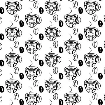 Seamless Pattern with Coffee Beans and Abstract Stylized cup on a transparent Stock Illustration