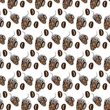 Seamless Pattern with Coffee Beans and Abstract Stylized cup on a transparent Illustrazione stock