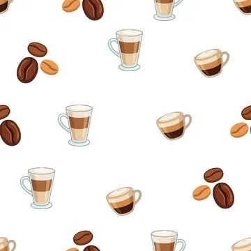 Seamless pattern with coffee beans and various coffee drinks in glass cups. Stock Illustration