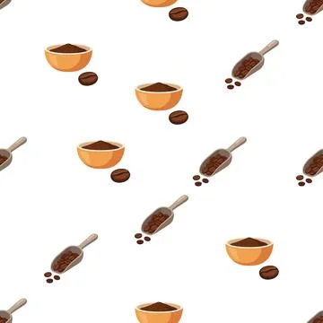 Seamless pattern with coffee beans and ground coffee in wooden bowls and sc.. Stock Illustration