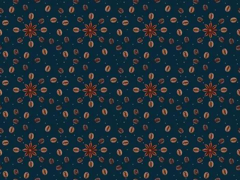Seamless pattern with coffee beans and anise stars isolated on dark blue back Stock Photos
