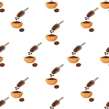 Seamless Pattern of Coffee Beans Being Poured into Wooden Bowls. Stock Illustration