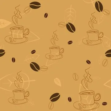Seamless pattern with coffee beans, cups and leaves Stock Illustration