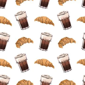 Seamless Pattern with Coffee beverage and croissant. Elegant Brown Texture for Stock Illustration