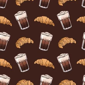Seamless Pattern with Coffee beverage and croissant. Elegant Brown Texture for Stock Illustration