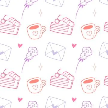 Seamless Pattern with Coffee Cake Rose and Envelope Valentines Day Hand Drawn Illustrazione stock