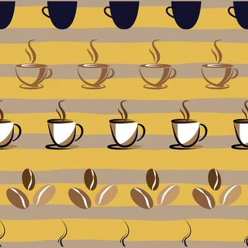 Seamless pattern coffee cup and beans on striped background Stock Illustration