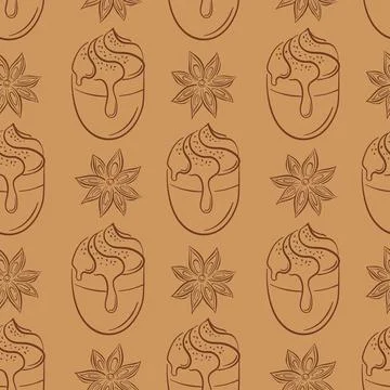 Seamless pattern with coffee cup and star anise in line art style. Coffee mug Stock Illustration