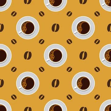 Seamless pattern coffee cup with beans on yellow background 스톡 일러스트