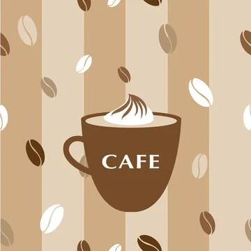 Seamless pattern coffee cup with cream and beans on brown stripes Stock Illustration
