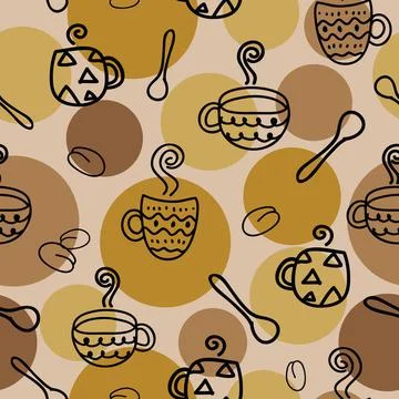 Seamless pattern with coffee cup doodles on brown circles Stock Illustration