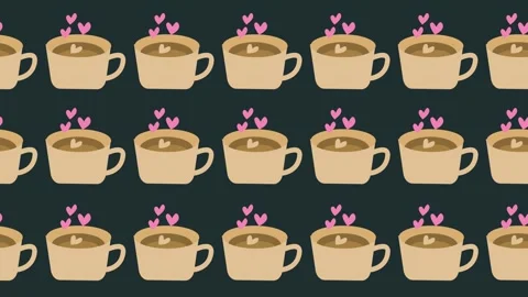 Seamless pattern with coffee cups and pink heart steam on a background animation Stock Footage 330530387