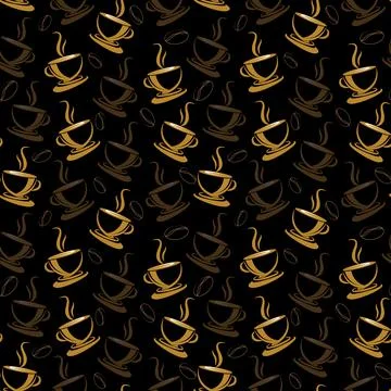 Seamless pattern with coffee cups and beans on black background Stock Illustration