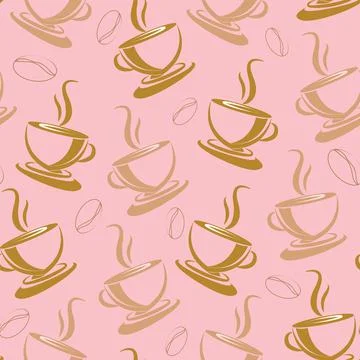 Seamless pattern with coffee cups and beans on pink background Stock Illustration