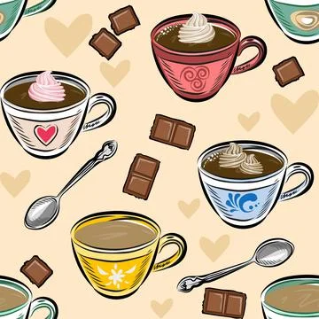 Seamless Pattern coffee cups and chocolate. Vector illustration. Illustrazione stock