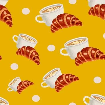 Seamless pattern of coffee cups and croissants on yellow polka dot background Illustrazione stock