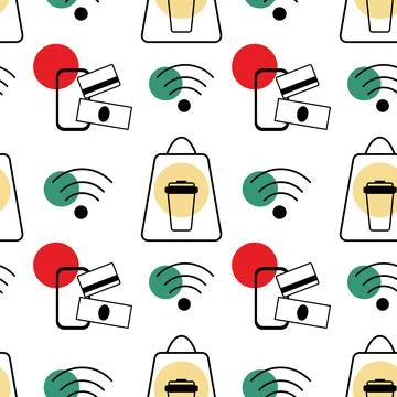 Seamless Pattern of Coffee cups and Cashless Payment Icons Cafe or restaurant Stock Illustration