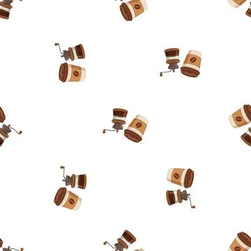 Seamless pattern with coffee cups and grinders on a white background. Stock Illustration