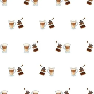Seamless pattern with coffee cups and grinders on white background. Illustrazione stock