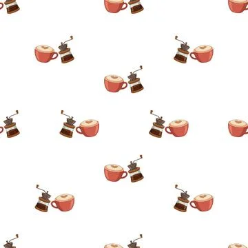 Seamless pattern with coffee cups and grinders on a white background. Illustrazione stock