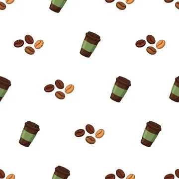 Seamless pattern with coffee cups and roasted coffee beans on white backgroun Stock Illustration