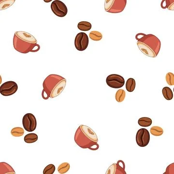 Seamless pattern with coffee cups and roasted coffee beans on white backgroun Stock Illustration