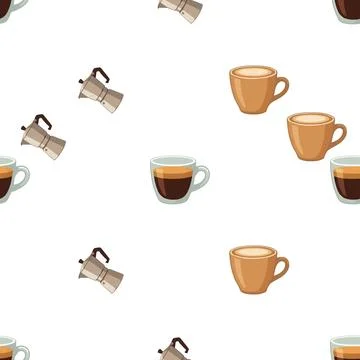 Seamless pattern with coffee cups and moka pots on white background. Stock Illustration
