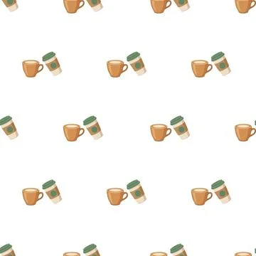Seamless pattern with coffee cups and takeaway mugs on white background. Stock Illustration