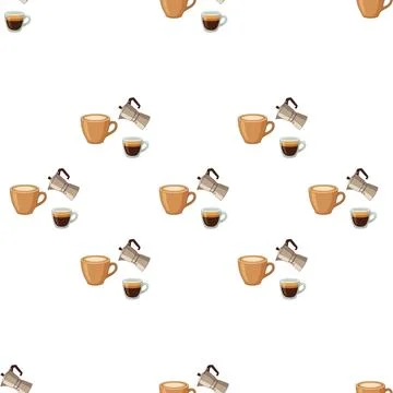 Seamless pattern with coffee cups and moka pots on white background. Stock Illustration