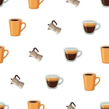 Seamless pattern with coffee cups and moka pots on white background. Stock Illustration