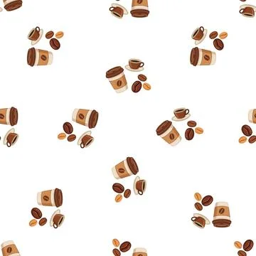 Seamless pattern with coffee cups and roasted coffee beans on white backgroun Stock Illustration