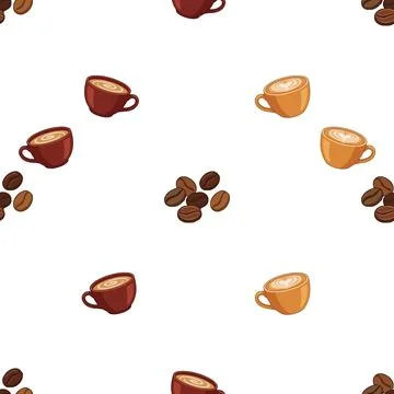 Seamless pattern with coffee cups and roasted coffee beans on white backgroun Stock Illustration