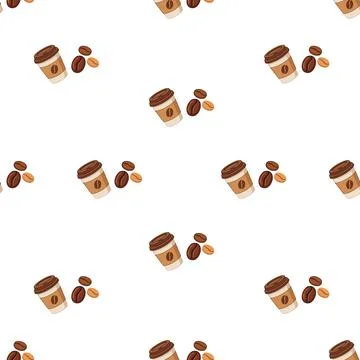 Seamless pattern with coffee cups and roasted coffee beans on white backgroun Stock Illustration