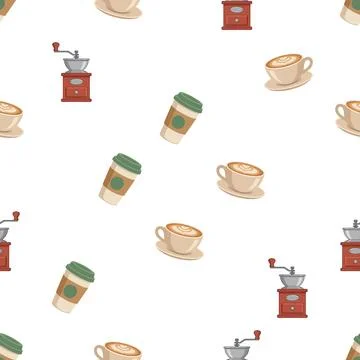 Seamless pattern with coffee cups and vintage grinders on white background. Stock Illustration