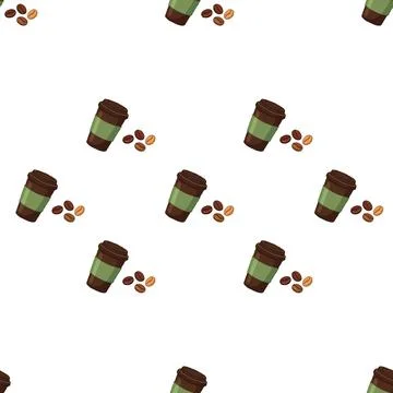 Seamless pattern with coffee cups and roasted coffee beans on white backgroun Stock Illustration