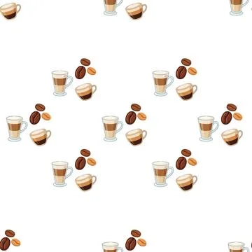 Seamless pattern with coffee cups and roasted beans on white background. Stock Illustration