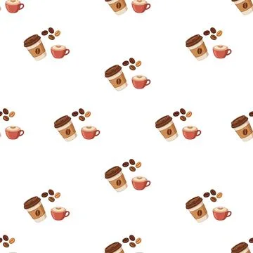 Seamless pattern with coffee cups and roasted coffee beans on white backgroun Stock Illustration