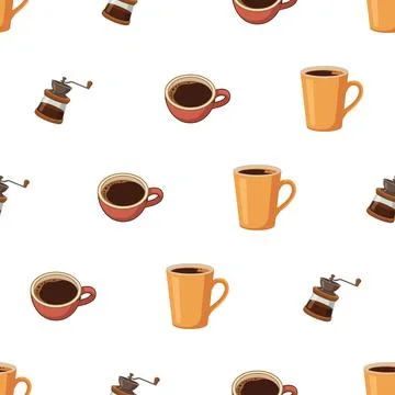 Seamless pattern with coffee cups and grinders on a white background. Stockillustratie
