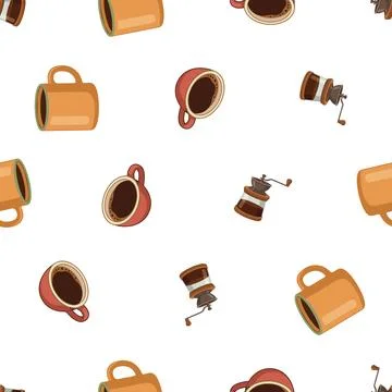 Seamless pattern with coffee cups and grinders on white background. Illustrazione stock