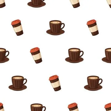 Seamless pattern with coffee cups and mugs on white background. Illustrazione stock