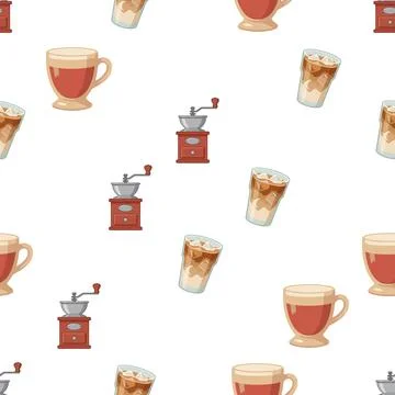 Seamless pattern with coffee cups and vintage grinders on white background. Illustrazione stock